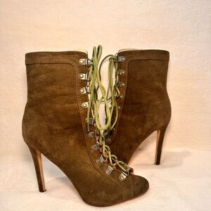 Olive Green Lace-Up Peep Toe Ankle Boots